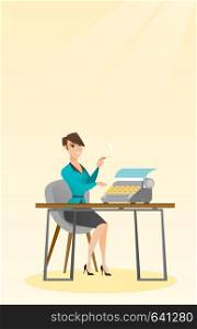 Journalist writing an article on a vintage typewriter. Journalist working on a typewriter. Journalist smoking a cigarette during writing an article. Vector flat design illustration. Vertical layout.. Journalist working on retro typewriter.