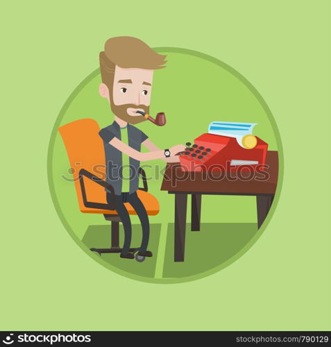 Journalist writing an article on a vintage typewriter. Journalist working on retro typewriter. Young journalist smoking pipe. Vector flat design illustration in the circle isolated on background.. Journalist working on retro typewriter.