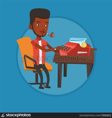 Journalist writing an article on a vintage typewriter. Journalist working on retro typewriter. Young journalist smoking pipe. Vector flat design illustration in the circle isolated on background.. Journalist working on retro typewriter.