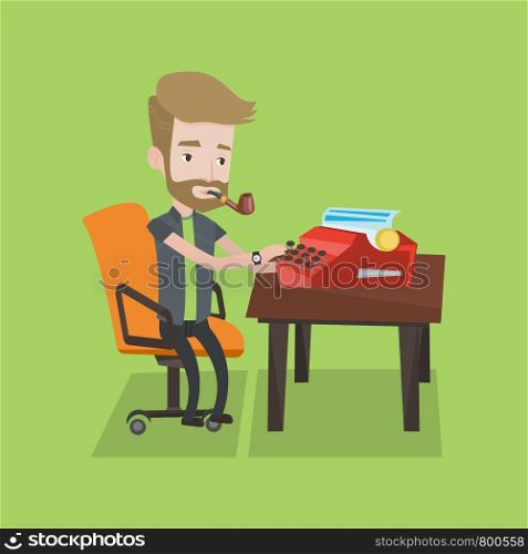 Journalist writing an article on a vintage typewriter. Journalist working on retro typewriter. Hipster journalist smoking pipe during writing an article. Vector flat design illustration.Square layout.. Journalist working on retro typewriter.