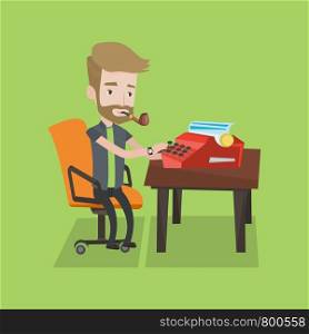 Journalist writing an article on a vintage typewriter. Journalist working on retro typewriter. Hipster journalist smoking pipe during writing an article. Vector flat design illustration.Square layout.. Journalist working on retro typewriter.