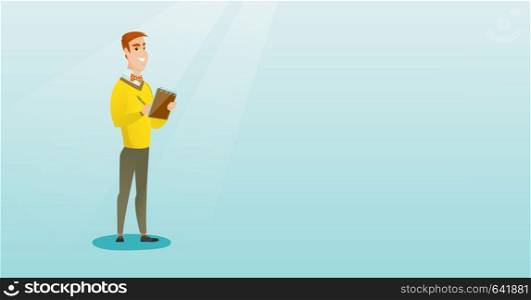 Journalist writing in a notebook with a pencil. Smiling journalist writing notes with a pencil. Caucasian journalist writing notes in a notepad. Vector flat design illustration. Horizontal layout.. Journalist writing in a notebook with a pencil.