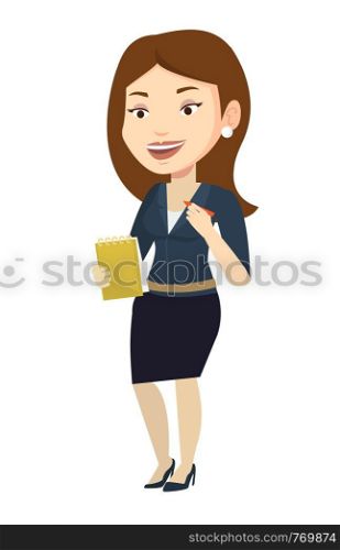 Journalist writing in notebook with pencil. Journalist writing notes with pencil. Caucasian female journalist writing notes on the notepad. Vector flat design illustration isolated on white background. Journalist writing in notebook with pencil.