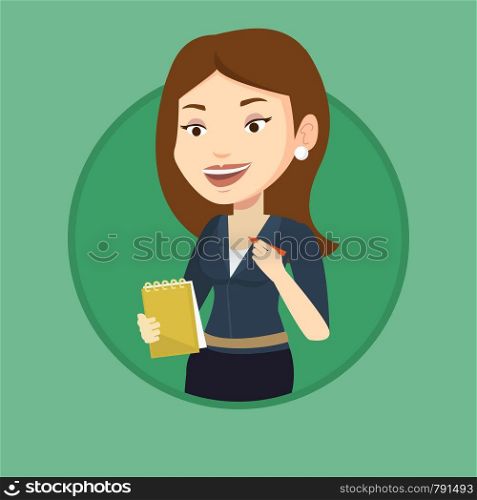 Journalist writing in notebook with pencil. Journalist writing notes with pencil. Caucasian journalist writing notes on notepad. Vector flat design illustration in the circle isolated on background.. Journalist writing in notebook with pencil.