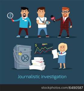 Journalistic Investigation Concept Vector Illustration. Journalistic investigation concept vector. Flat design. Financial crime, tax evasion, money laundering, corruption illustration. Set of media workers characters investigator, photographer, reporter
