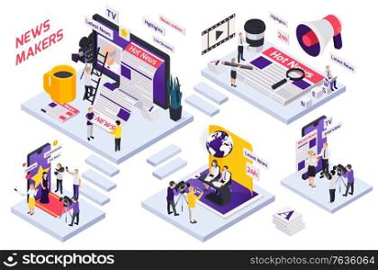Journalistis reporters news media isometric concept with stairs news makers interview live streams and highlights descriptions vector illustration. Journalistis Reporters News Media Isometric Concept