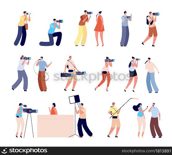 Journalists characters. Interview, woman talking tv camera. Isolated cameraman photographer, creative news makers working vector illustration. News people and tv journalist with camera. Journalists characters. Interview, woman talking tv camera. Isolated cameraman photographer, creative news makers working vector illustration