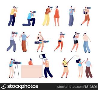 Journalists characters. Interview, woman talking tv camera. Isolated cameraman photographer, creative news makers working vector illustration. News people and tv journalist with camera. Journalists characters. Interview, woman talking tv camera. Isolated cameraman photographer, creative news makers working vector illustration