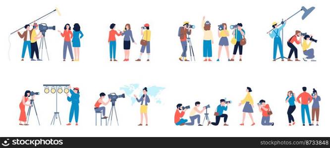 Journalists characters, operator, travel blogger on job. Flat cartoon reporters, mass media professionals with cameras. Tv show and photographers, vector set of journalist and operator illustration. Journalists characters, operator, travel blogger on job. Flat cartoon reporters, mass media professionals with cameras. Tv show and photographers, recent vector set