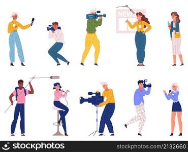 Journalists characters, reporters, videographers and news presenter scenes. TV reporters, bloggers and newsmakers team vector illustration set. Cameramen and journalists and videographer reporter. Journalists characters, reporters, videographers and news presenter scenes. TV reporters, bloggers and newsmakers team vector illustration set. Cameramen and journalists
