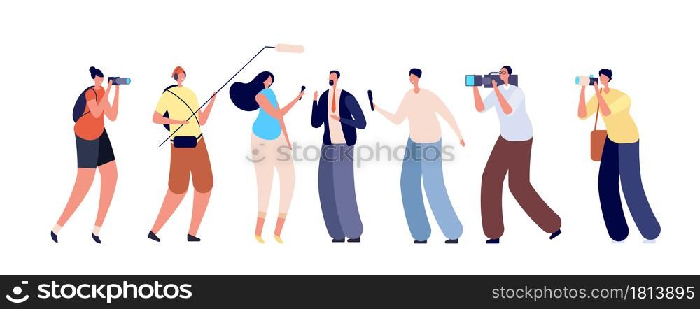 Journalists interview. Business person, tv report of election campaign. Crowd people camera microphone, news media vector illustration. Photographing and multimedia, broadcasting reportage. Journalists interview. Business person, tv report of election campaign. Crowd people with camera microphone, news media vector illustration