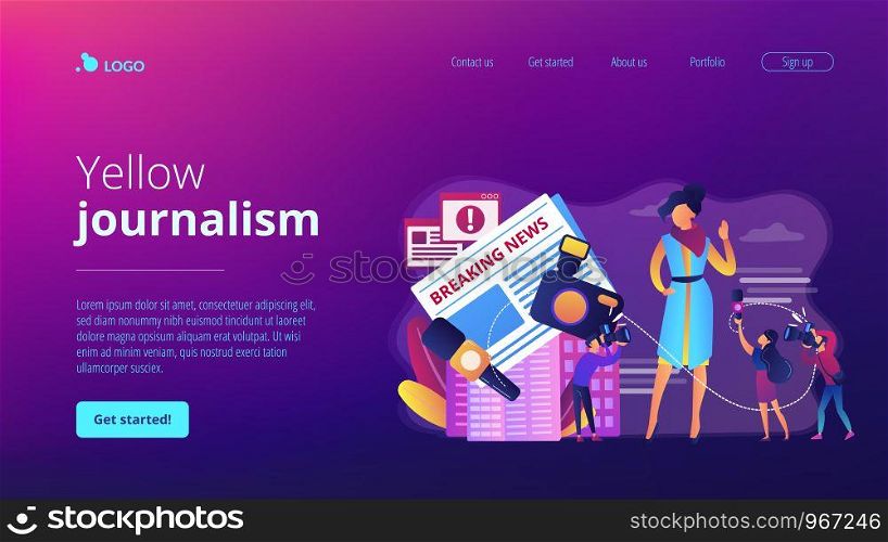 Journalists interviewing famous person. Reporters following celebrity. Yellow online press, paparazzi news feed, yellow journalism concept. Website homepage landing web page template.. Yellow press concept landing page