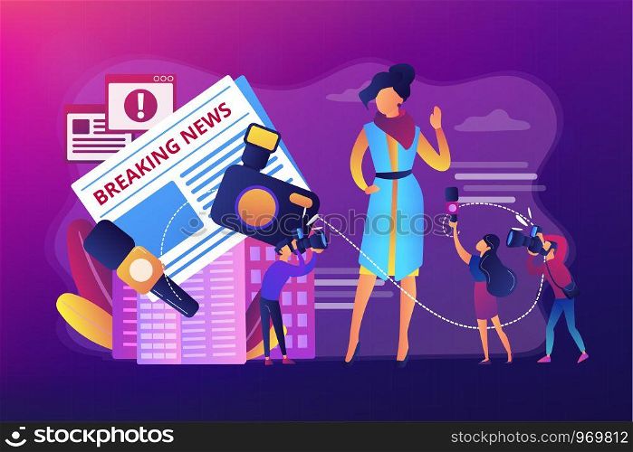 Journalists interviewing famous person. Reporters following celebrity. Yellow online press, paparazzi news feed, yellow journalism concept. Bright vibrant violet vector isolated illustration. Yellow press concept vector illustration