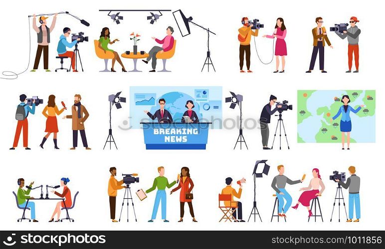 Journalists. Newscaster and journalist profession, media record. Television industry. Press interview with cameraman vector characters