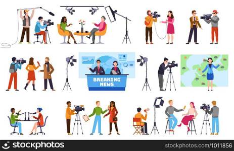 Journalists. Newscaster and journalist profession, media record. Television industry. Press interview with cameraman vector characters