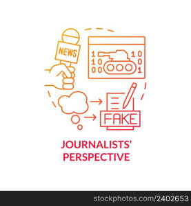 Journalists perspective red gradient concept icon. Reporters opinion. Information war over Internet abstract idea thin line illustration. Isolated outline drawing. Myriad Pro-Bold font used. Journalists perspective red gradient concept icon