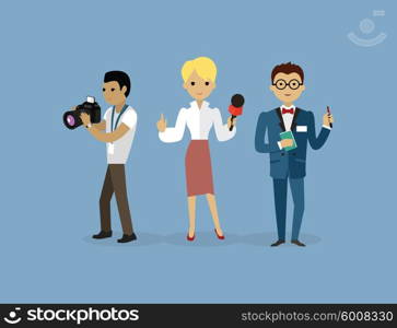 Journalists team people group flat style. Report and press, writer and interview, media news, news reporter, professional and camera, character reporter, journalism illustration. Journalists team