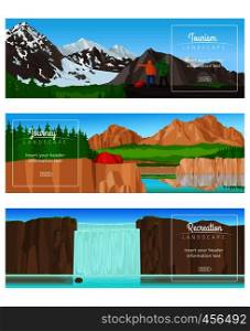 Journey banner or camping banner set. Camping at mountain lake banners. Vector illustration. Journey or camping banner set