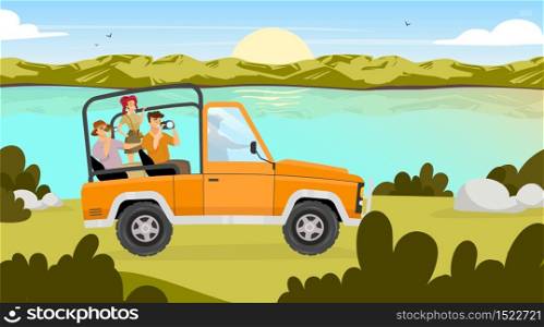 Journey flat vector illustration. People traveling in car through valley. Sunrise on river stream on background. Field landscape. Expedition to Amazonia. Tourist group cartoon characters