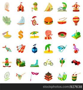 Journey icons set. Cartoon style of 36 journey vector icons for web isolated on white background. Journey icons set, cartoon style