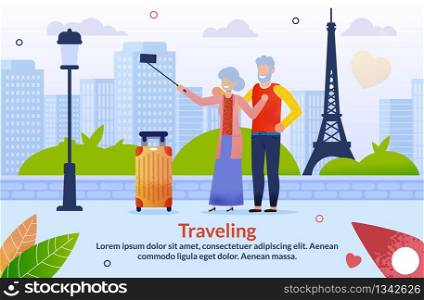 Journey to Europe for Aged Senior Couples Flat Poster. Cartoon Mature Married Man and Woman Characters with Luggage Bag Taking Selfie on Phone with Eifel Tower. Vector Text Illustration. Journey to Europe for Aged Senior Couples Poster