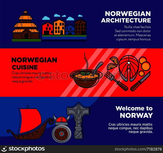 Journey to Norway promotional posters with traditional architecture and cuisine. Cold nordic country with interesting history and delicious food advertisement banners vector illustrations set.. Journey to Norway promotional posters with traditional architecture and cuisine