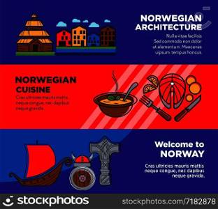 Journey to Norway promotional posters with traditional architecture and cuisine. Cold nordic country with interesting history and delicious food advertisement banners vector illustrations set.. Journey to Norway promotional posters with traditional architecture and cuisine