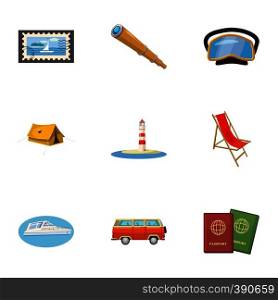 Journey to sea icons set. Cartoon illustration of 9 journey to sea vector icons for web. Journey to sea icons set, cartoon style