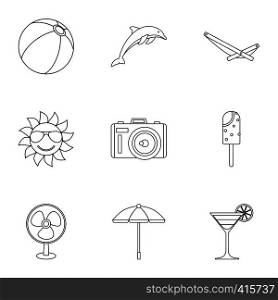 Journey to sea icons set. Outline illustration of 9 journey to sea vector icons for web. Journey to sea icons set, outline style