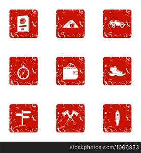 Journeying icons set. Grunge set of 9 journeying vector icons for web isolated on white background. Journeying icons set, grunge style