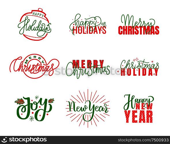 Joy and happy Holidays, Merry Christmas lettering, hand drawn doodle text. Xmas typography font for greeting cards and creative postcards design, vector. Joy and Happy Holidays, Merry Christmas Lettering