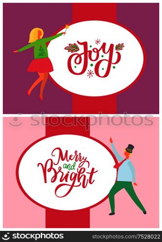 Joy and merry and bright lettering poster. Dancing man, woman in green sweater, cartoon characters isolated vector. Happy people celebrating Christmas party. Dancing Man, Woman in Green Sweater with Fir Trees