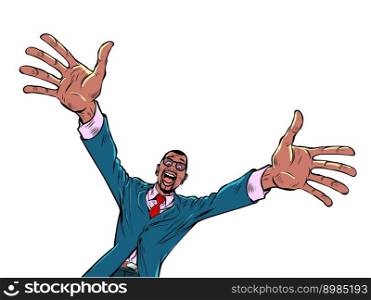 joy greeting african american man hugs, friendly meeting, good friend. pop art retro vector illustration kitsch vintage 50s 60s style. joy greeting african american man hugs, friendly meeting, good friend