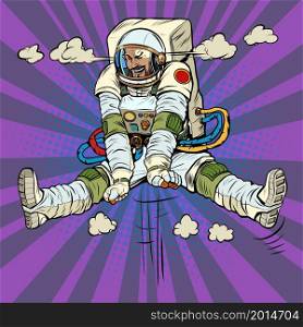 Joy hyper jump, cartoon emotion The characteristic emotional pose of a astronaut man. Pop Art Retro Vector Illustration Kitf Vintage 50s 60s Style. Joy hyper jump, cartoon emotion The characteristic emotional pose of a astronaut man