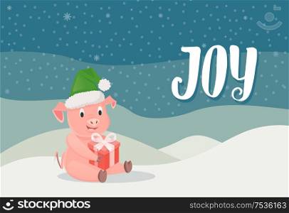 Joy, piglet symbol of New Year with gift box sitting on snow, winter landscape background. Pig in green hat wishing Merry Christmas vector postcard. Piglet Symbol of New Year with Gift Box Winter
