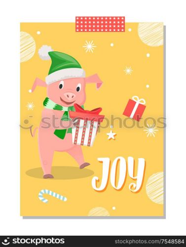 Joy postcard, piglet New Year symbol, gift box isolated on yellow background with snowflakes. Pig in green scarf and hat wishing Merry Christmas vector. Joy Postcard, Piglet New Year Symbol with Gift Box