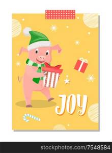 Joy postcard, piglet New Year symbol, gift box isolated on yellow background with snowflakes. Pig in green scarf and hat wishing Merry Christmas vector. Joy Postcard, Piglet New Year Symbol with Gift Box