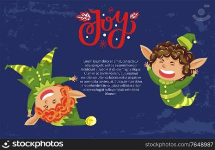 Joy postcard with funny elves characters jumping and tumbling. Winter holiday card with smiling gnome and text template on blue background with pattern. Christmas heroes and wishes on New Year vector. Winter Joy with Funny Elf Hero Postcard Vector