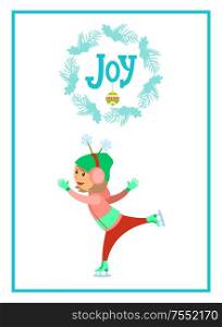 Joy poster child skating on ice rink isolated in blue frame. Girl in earmuff headphones with horns in shape of snowflakes having fun at wintertime, vector. Joy Poster Child Skating Ice Rink Isolated Vector