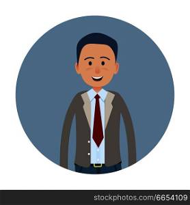 Joyed businessman isolated on white icon. Smiling male character in business suit and tie half-length portrait flat vector. Happy office worker or clerk cartoon illustration in circle for user avatars. Joyed Businessman or Clerk Flat Vector Icon