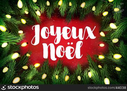 Joyeux Noel (French for Merry Christmas) Christmas greeting card with pine wreath and holiday greetings on red