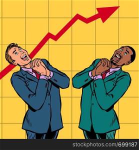 joyful Africa and Caucasian businessman growth chart. Pop art retro vector illustration vintage kitsch. joyful Africa and Caucasian businessman growth chart