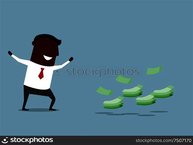 Joyful african american businessman found money. For success or luck concept design. Cartoon flat style. Happy cartoon businessman found money