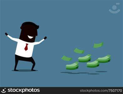 Joyful african american businessman found money. For success or luck concept design. Cartoon flat style. Happy cartoon businessman found money