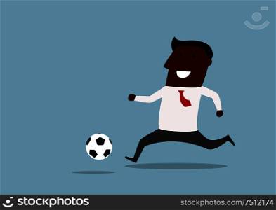 Joyful african american businessman in white shirt and red necktie playing football with ball, healthy lifestyle design. Cartoon flat style. Black businessman dribbling with ball