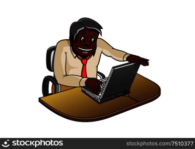 Joyful african american businessman or manager cartoon character working on laptop computer on his workplace