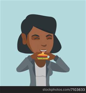 Joyful african-american woman eating a hamburger. Happy woman with closed eyes biting a hamburger. Young smiling woman is about to eat a delicious hamburger. Vector cartoon illustration. Square layout. Young african joyful woman eating hamburger.