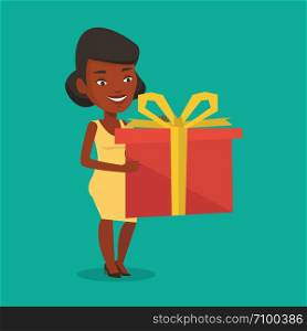 Joyful african-american woman holding a box with gift in hands. Happy woman holding gift box. Young woman standing with gift box. Girl buying a present. Vector flat design illustration. Square layout.. Joyful african woman holding box with gift.