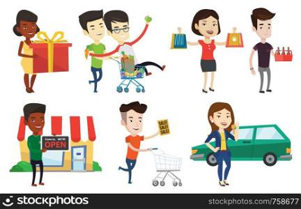 Joyful african-american woman holding a box with gift in hands. Happy woman holding gift box. Young woman standing with gift box. Set of vector flat design illustrations isolated on white background.. Vector set of shopping people characters.