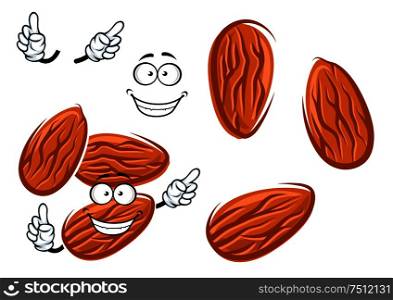 Joyful almond seed cartoon character with brown peel, isolated on white background. Cartoon isolated almond seed character